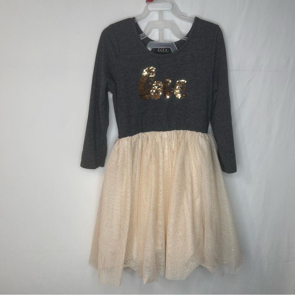 Lilts Girls' Gray and Cream Dress with Gold Accents- Love Tulle Size 6X